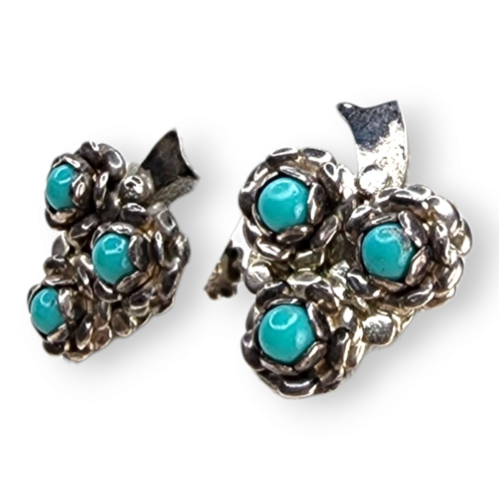 Vintage Screwback Earrings Sterling Silver 925 OS Turquoise Flower Leaf Blue - Picture 3 of 6